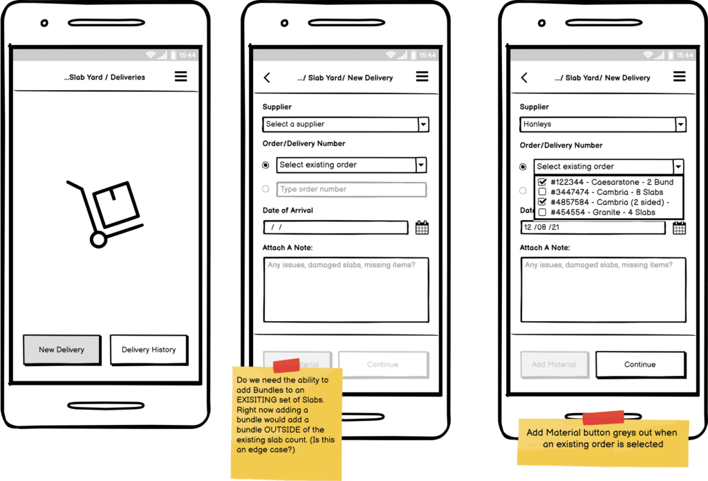 Image showing several screens of the Moraware app in wireframe format. 