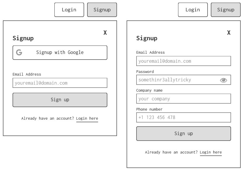 graphic showing a wireframe of two signup forms, one with two fields and one with 4