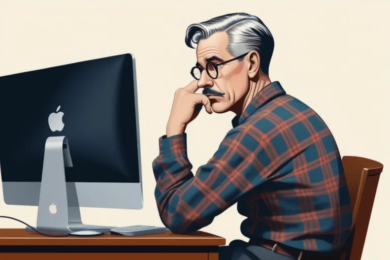 image of a ux designer looking confused at his imac